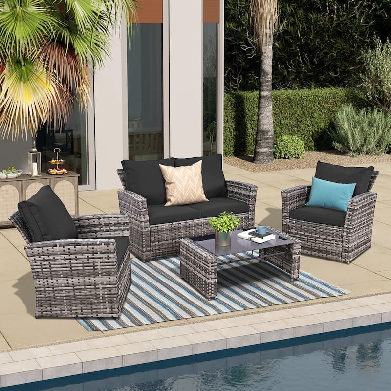 Thicker 4-Piece Wicker Outdoor Sofa Set, 1 Loveseats, 2 Single Sofas, 1 Table - Black