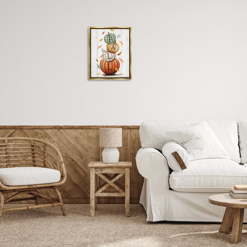 Stupell Falling Leaves & Pumpkin Stack Framed Floater Canvas Wall Art Design By Elizabeth Tyndall