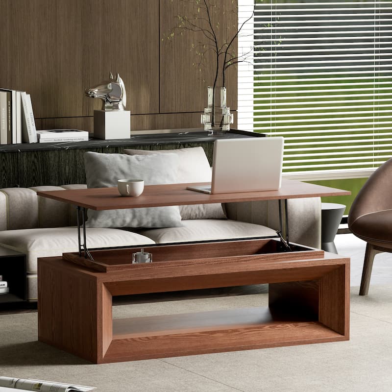 43.3" Lift Top Rectangle Coffee Table with Storage, Coffee Table with Floating Tabletop, Convertible Rising Tabletop - Walnut