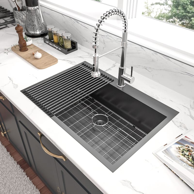 Lordear 30 Inch Top-mount Gunmetal Black Single Bowl 18 Gauge Stainless Steel Drop-in Kitchen Sink - 30x22x9