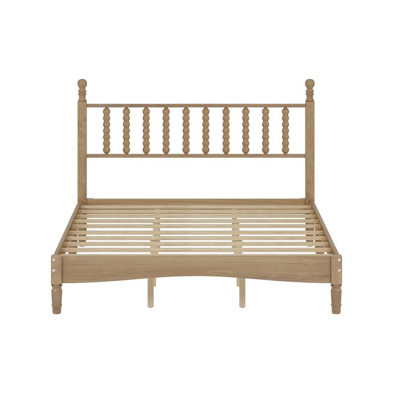Retro Style Queen Size Wood Platform Bed with Gourd Shaped Headboard