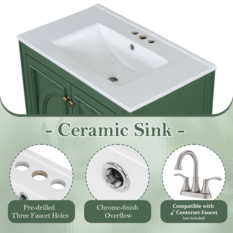 30" Bathroom Vanity w/Ceramic Sink and One-Door Shelf, Water-Resistant Wood One Cabinet Vanities w/ 3 Drawers & Soft Close Door