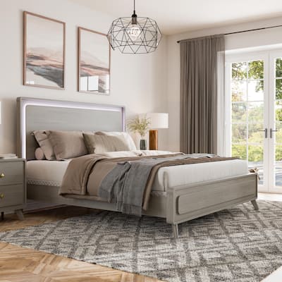 Furniture of America Thalia Modern Grey Wood Panel Bed with LED on Headboard