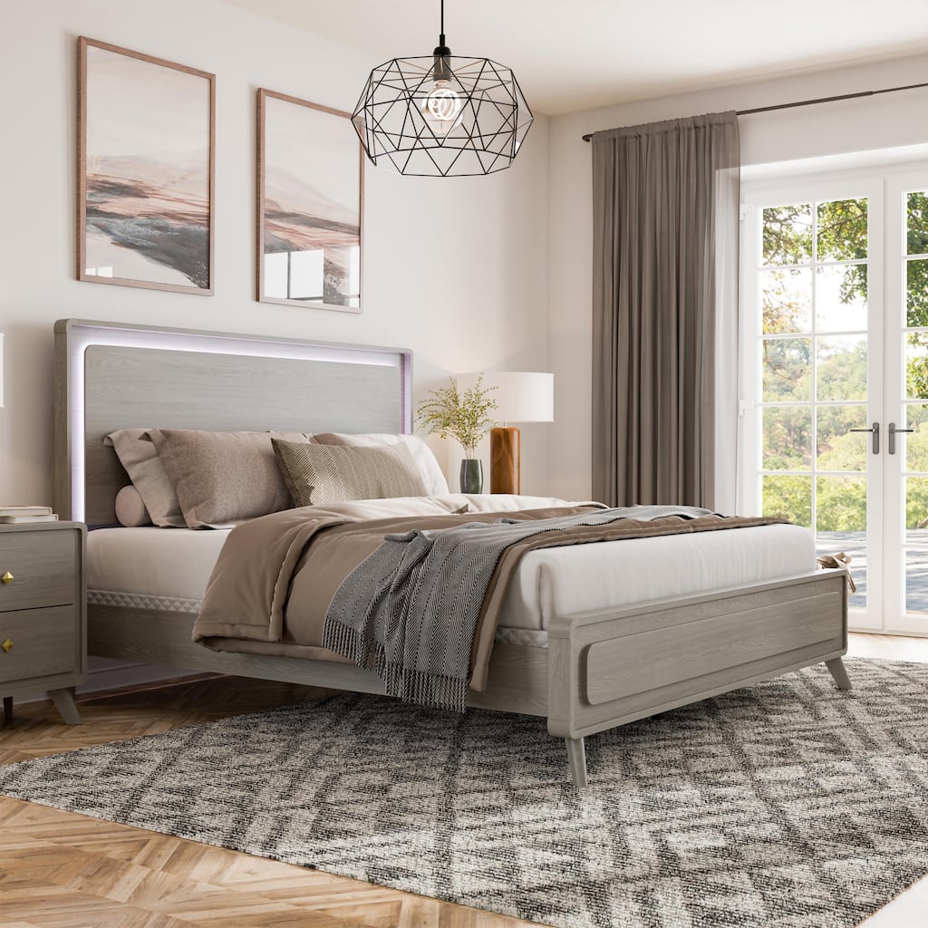 Furniture of America Thalia Modern Grey Wood Panel Bed with LED on Headboard
