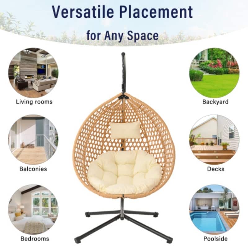 Hammock Chair with Stand - Durable Rattan Egg Chair, Indoor/Outdoor Swing with Removable Cushion for Balcony, Garden