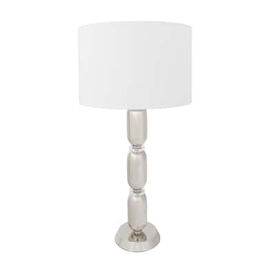 Modern Stacked Metal Table Lamp with Glass Accents and Linen Shade