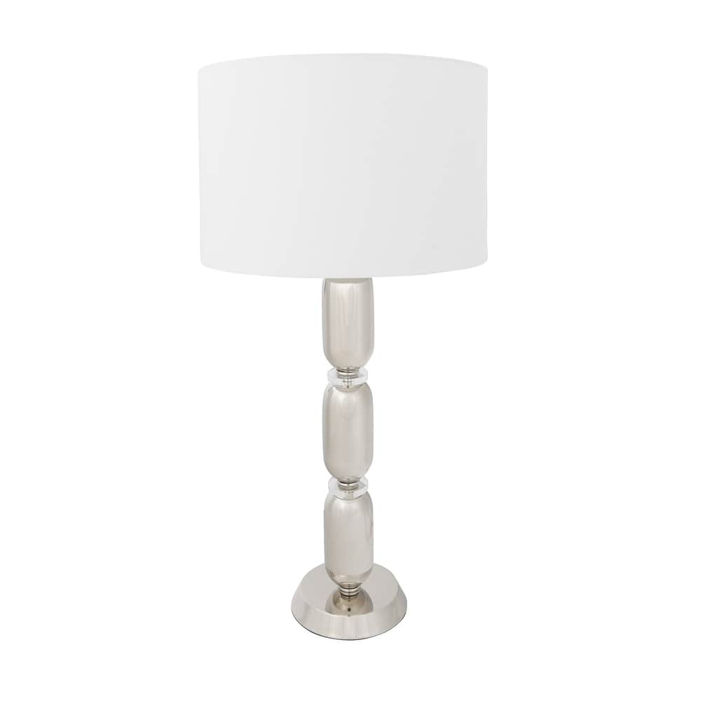 Modern Stacked Metal Table Lamp with Glass Accents and Linen Shade