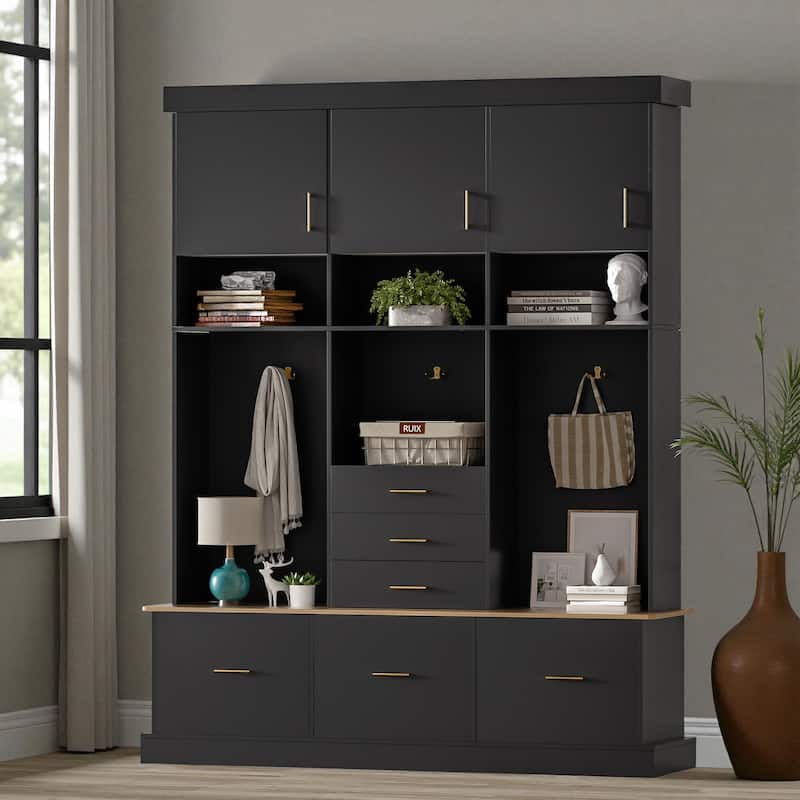 75" Entryway Hall Tree with Bench, Coat Rack, 6 Drawers, 3 Cabinets and Top Shelves, 5-in-1 Storage Organizer for Hallway