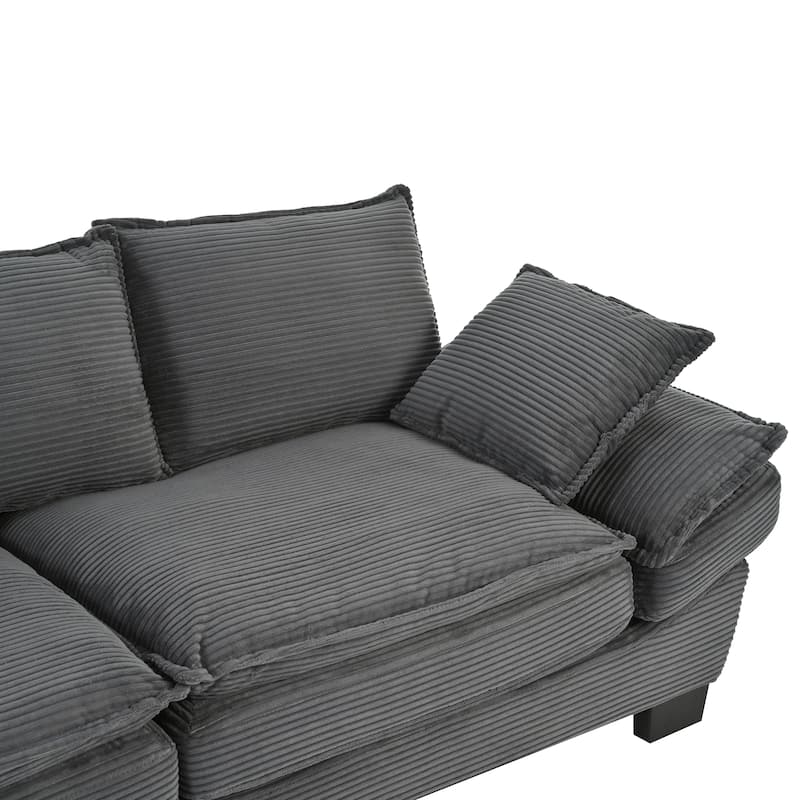 Corduroy Fabric Small Sofa, Upholstered Curved Sofa with 2 Throw Pillows, Deep Seat Sofa with Armrests & Cushions