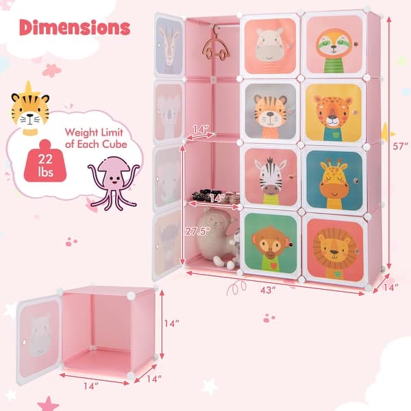 dimension image slide 1 of 5, Kids Wardrobe Closet with Hanging Section and Cute Doors
