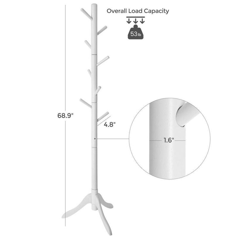Solid Wood Modern Coat Rack, 8 Hooks, 53 lb Capacity, Adjustable 3-Section Design with Triangular Base