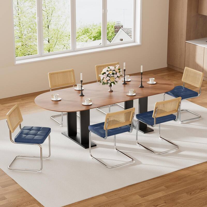 Natural Rattan Dining Chairs Set of 4, Modern Dining Room Chairs with Solid Wood Back, Upholstered Faux Leather