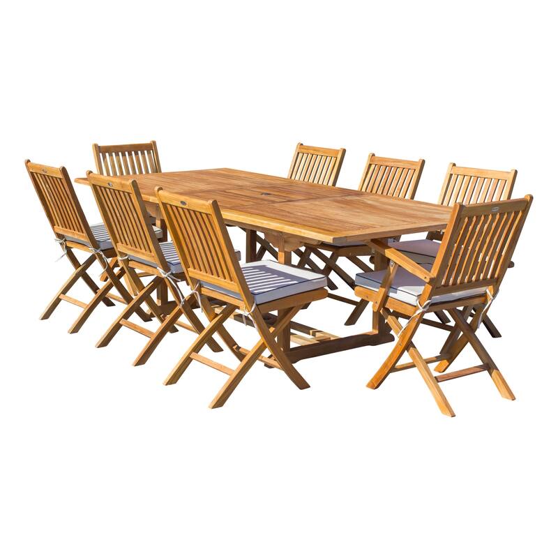Chic Teak 9 Piece Teak Wood Santa Barbara Patio Dining Set w/ Rectangular Extension Table, 8 Folding Arm and Side Chairs