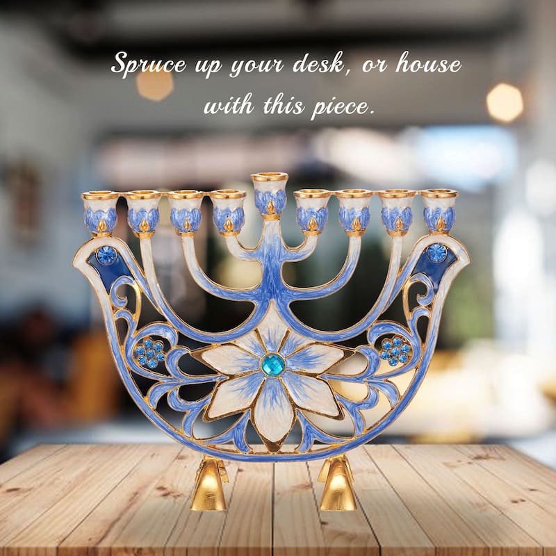 Hand Painted Blue & Ivory Flower Menorah Candelabra