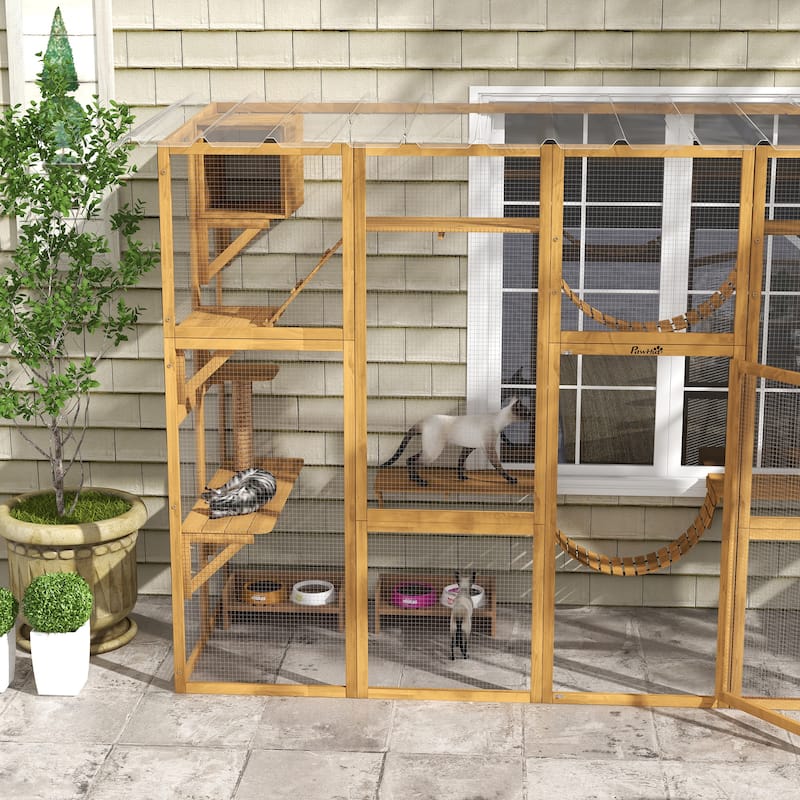 PawHut Catio Playground Outdoor Cat Enclosure Wooden Cat House Shelter