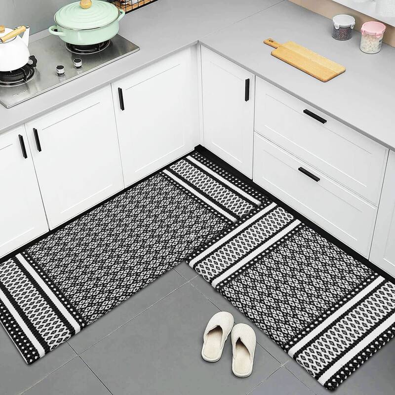 Anti-Fatigue Standing Cushioned Kitchen Bath Mats [Set of 2] Woven Cotton | Waterproof | Non-Slip | for Office, Sink, Laundry