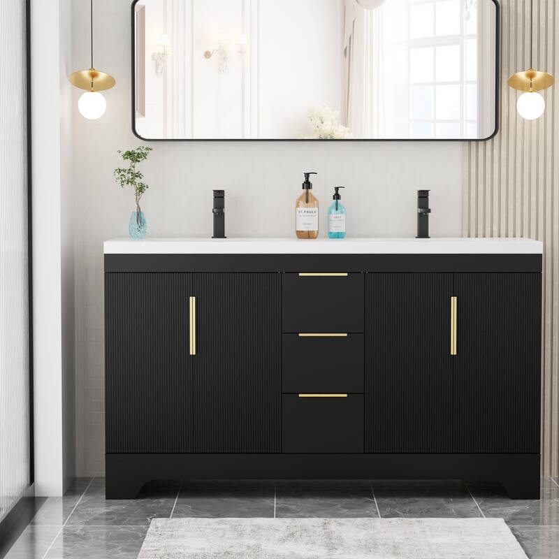 Vertical Stripes Bathroom Vanity Set with Sink Top & Faucet - 60"Double Sink - Black-60"Double Sink