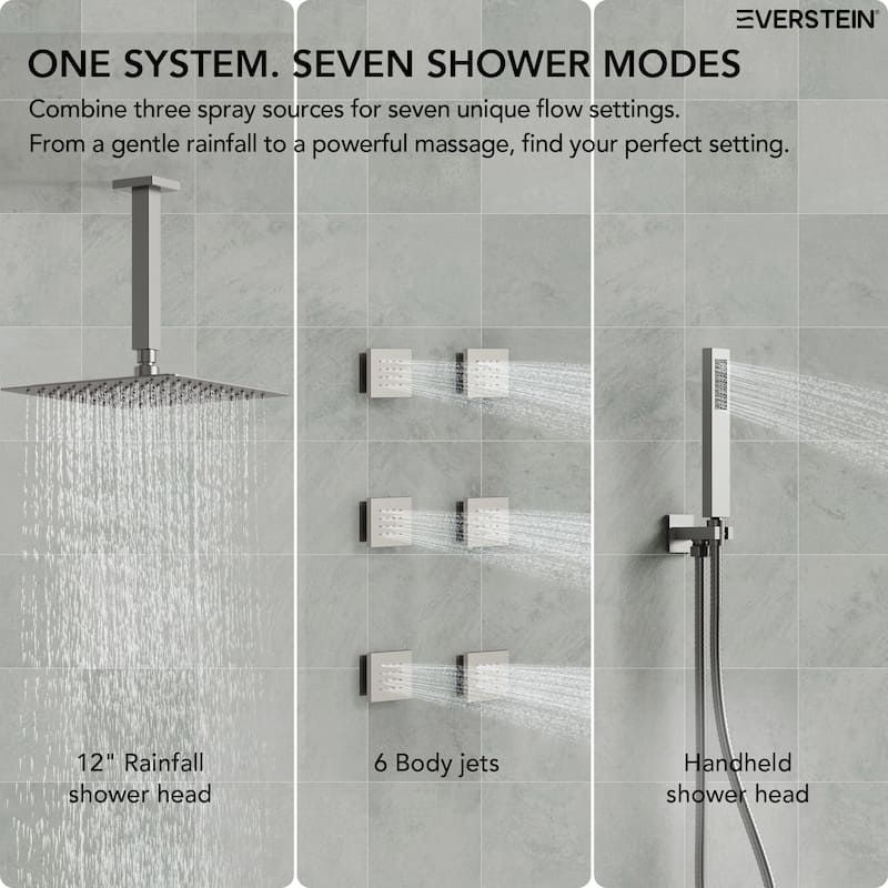 Shower System 12" Ceiling Rain Shower Head with 3-Way Thermostatic Faucet & Body Jets