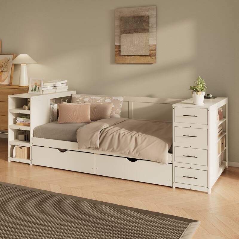 White Twin Daybed with Desk - Storage Bed with Shelves, Drawers & Charging Station - White
