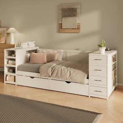 White Twin Daybed with Desk - Storage Bed with Shelves, Drawers & Charging Station