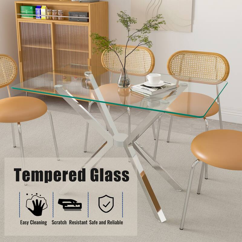47.24" Rectangular Clear Tempered Glass Dining Table,Stylish Design with Metal Legs, Kitchen Table for Dining Room