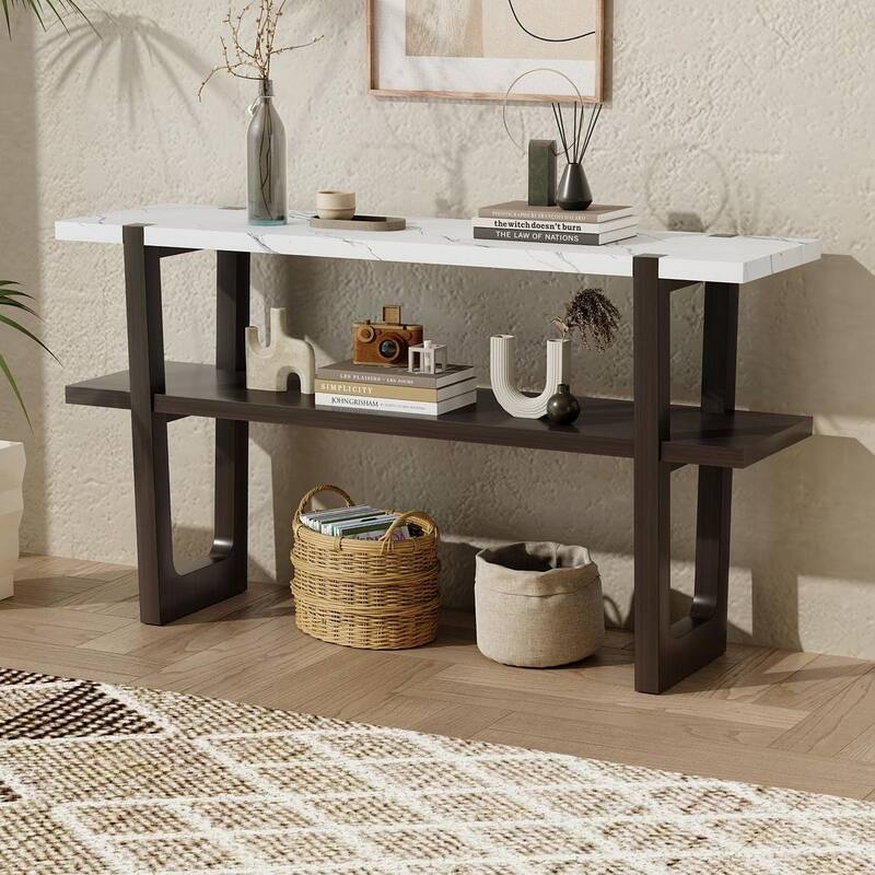Console Table with Marble-Effect Top - Versatile Storage Solutions - Espresso