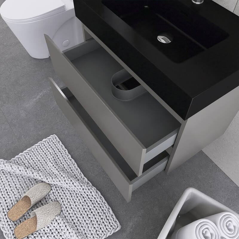 Floating Bathroom Vanity with Black Solid Surface Top