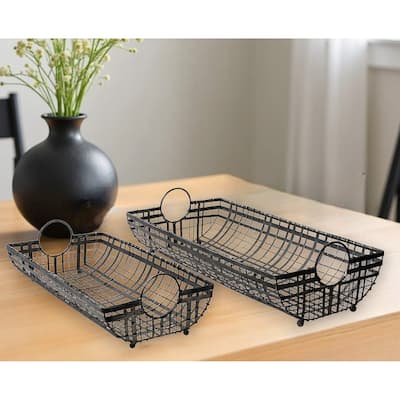 HomeRoots Set Of 2 Gray Metal With Circle Handle Trays