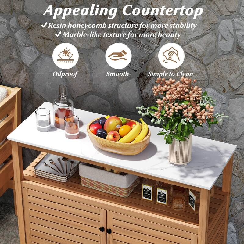 Costway Patio Wood Storage Cabinet with Marble-Like Countertop, Open - See Details