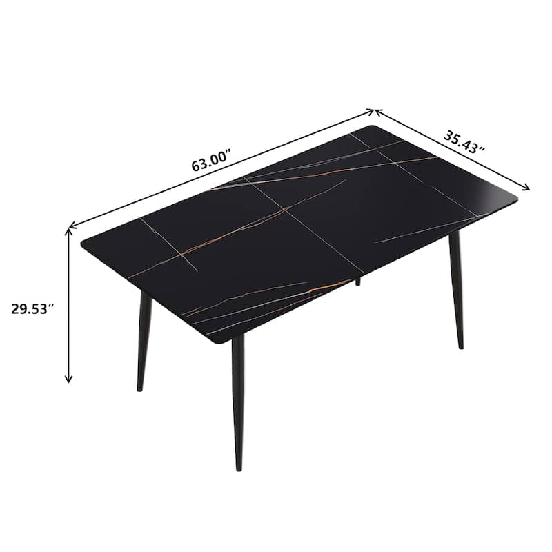 63" Rectangle Marble Top Dining Table, Black Sintered Stone Kitchen Table with Metal Legs
