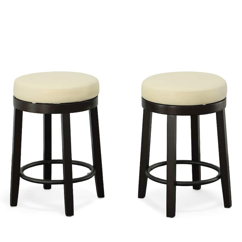 HomeRoots Set of Two 24" Cream and Espresso Faux Leather and Solid Wood Backless Counter Height Swivel Bar Chairs
