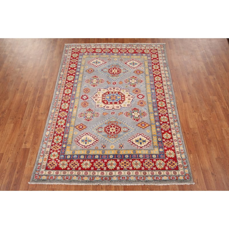 Gray Geometric Kazak Oriental Area Rug Hand-Knotted Wool Carpet - 4'11" x 6'10"