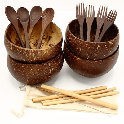 Elyon Jumbo Coconut Shell Bowl Handmade Dinnerware and Flatware Set