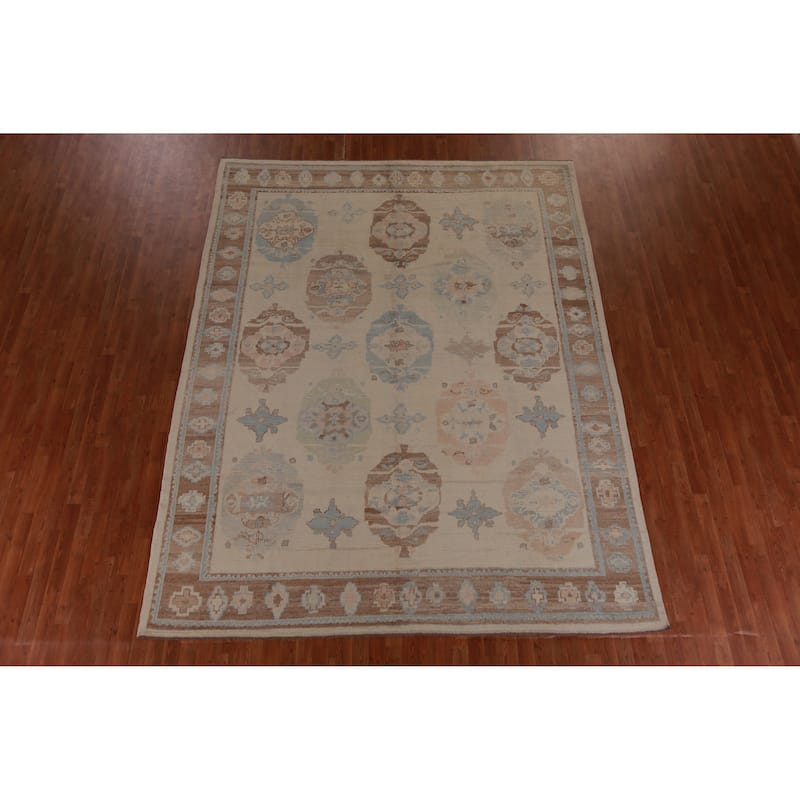 Hand Knotted Oriental 100% Wool Carpet Transitional Floral Beige & Ivories Oushak Area Rug - 11' 5'' X 9' 0''