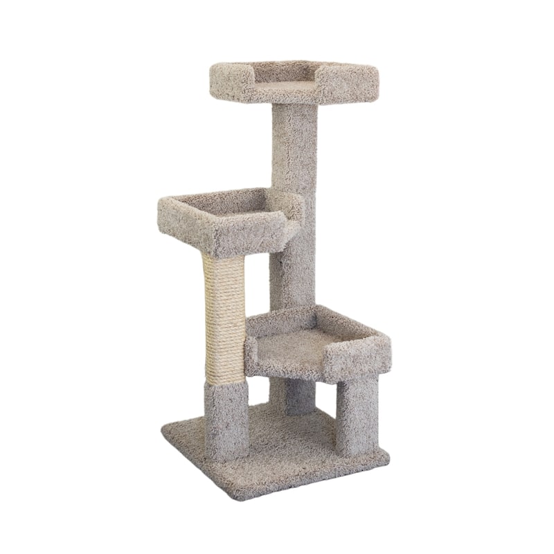 3-Level Solid Wood and Carpet Cat Tree with Deep Perches and Large Sisal Rope Scratching Post for Healthy Claw Care