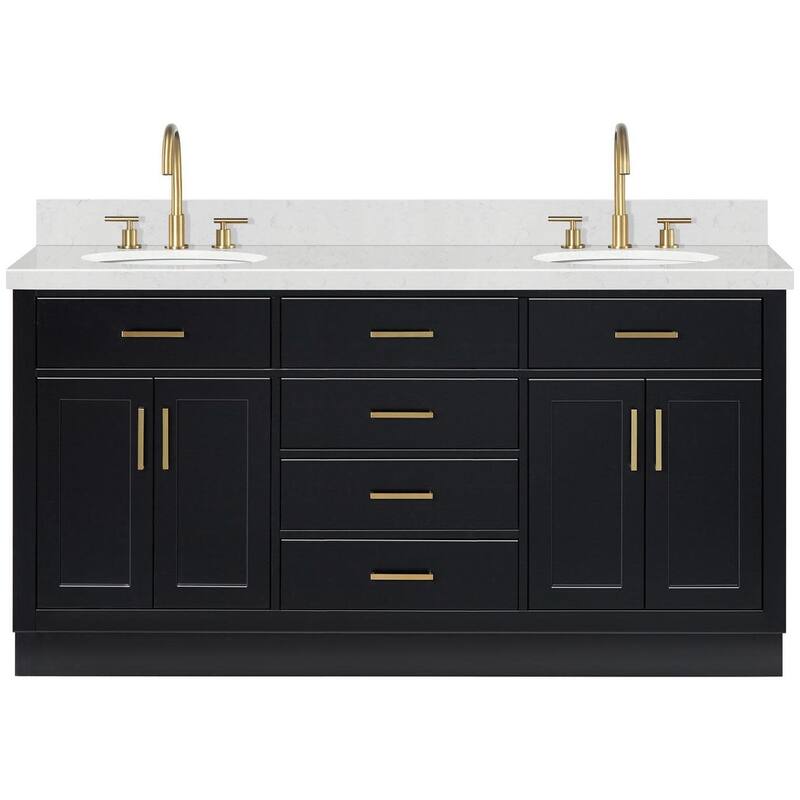 Ariel T066DCQOVO Hepburn 66" Free Standing Double Oval Basin Vanity - Black / Carrara White Quartz / Satin Brass
