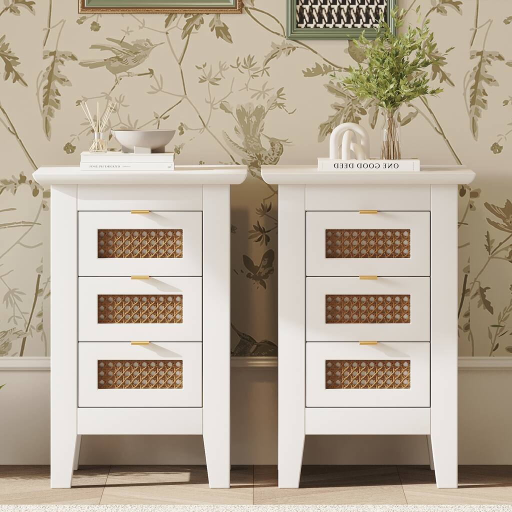 Wooden Nightstands Set of 2 with Rattan-Woven Surfaces and Three Drawers, White