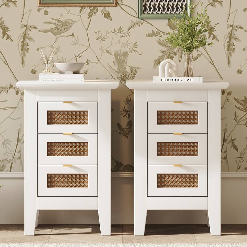 Wooden Nightstands Set of 2 with Rattan-Woven and 3 Drawers Nightstand,for Bedroom Golden Handle Small Side Table - White
