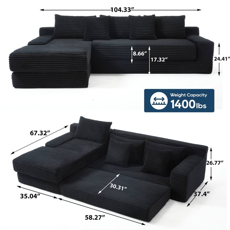 L-Shaped Light Corduroy Sectional Couch with Memory Foam, Steel Frame, and No Assembly Required, Convertible Sofa Bed