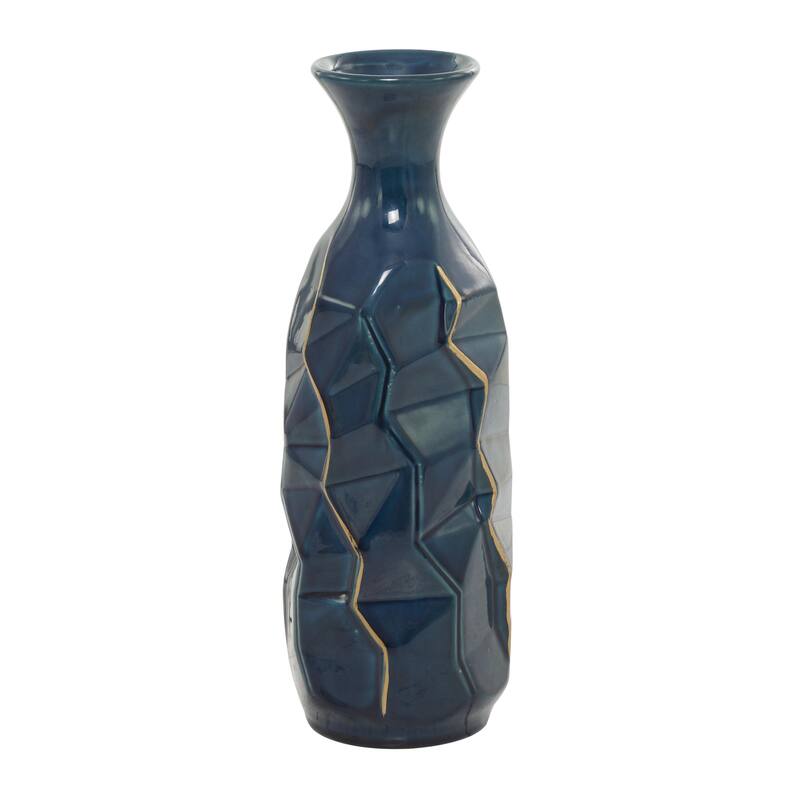 Ceramic Geometric Floor Vase with Gold Accents - Teal - Roche River Decor