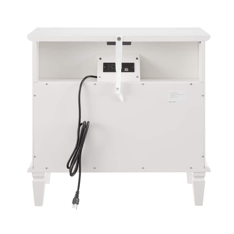 Farmhouse Nightstand with 2 Drawers and Charging Station, Solid Wood Legs, USB Ports & Open Shelf, Fluted Design End Table