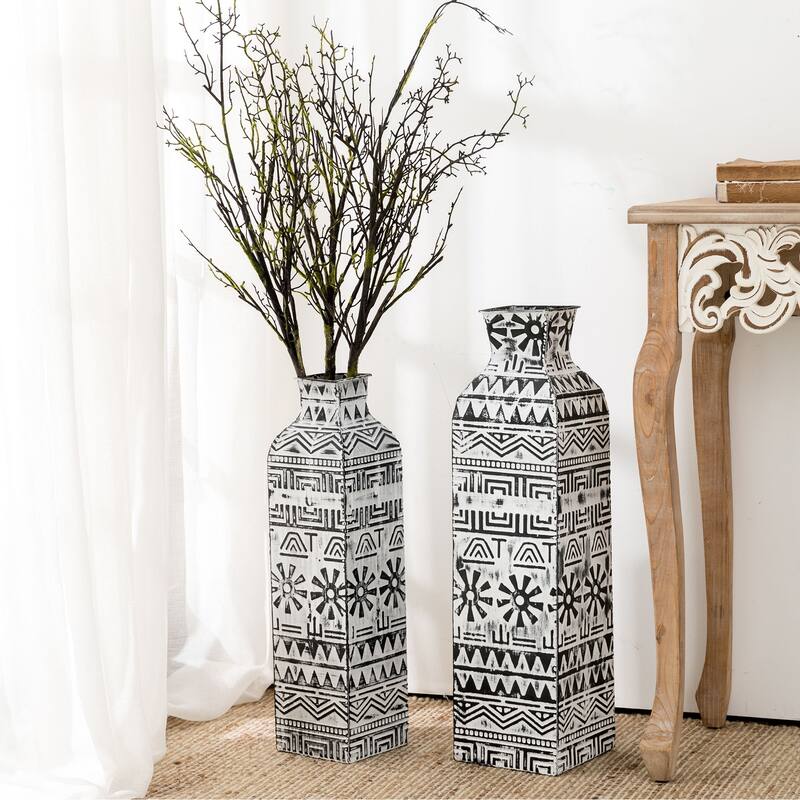 Glitzhome Set of 2 Global/Boho Exotic Textured Metal Table Floor Vases Thanksgiving Decor