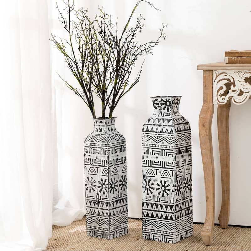 Glitzhome Set of 2 Global/Boho Exotic Textured Metal Table Floor Vases