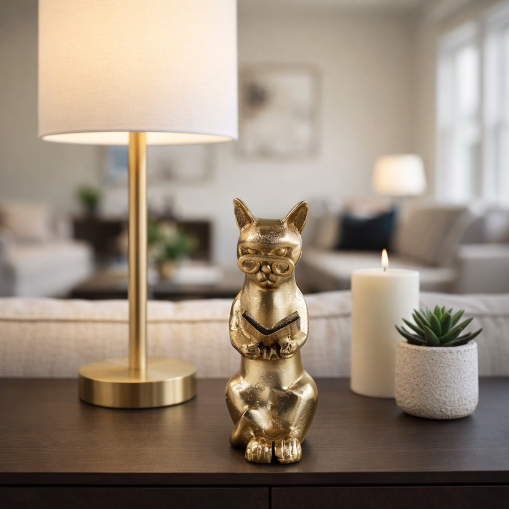 Modern Reading Cat with Glasses Figurine - 9", Gold - 8.25"