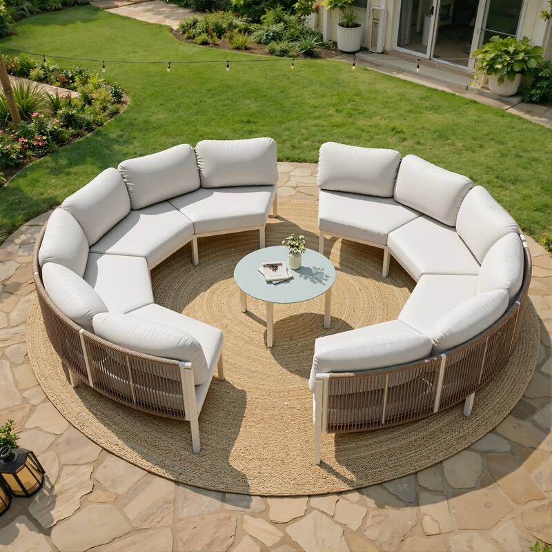Outdoor All-Weather Aluminum Half Moon Curved Sofa Rattan Sectional Sofa Deep Seating Patio Outdoor Conversation Sets - 8-seater + 1 table - Beige