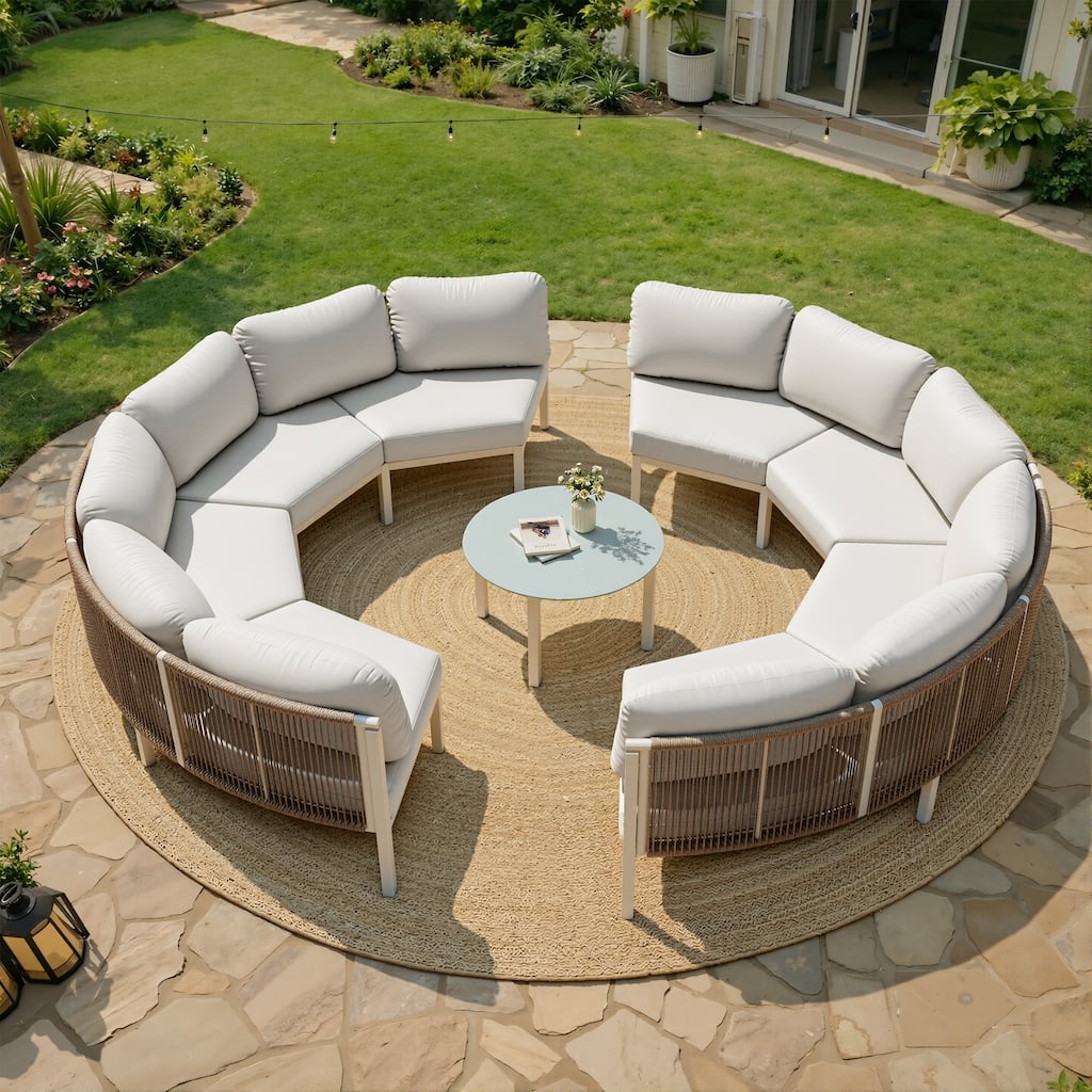 Outdoor Patio All-Weather Aluminum Half Moon Curved Sofa Rattan Sectional Sofa Deep Seating Conversation Sets