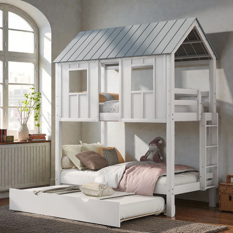 Twin House Bunk Bed with Trundle, Roof and Window Design, Solid Wood Triple Bed Frame for Kids Bedroom