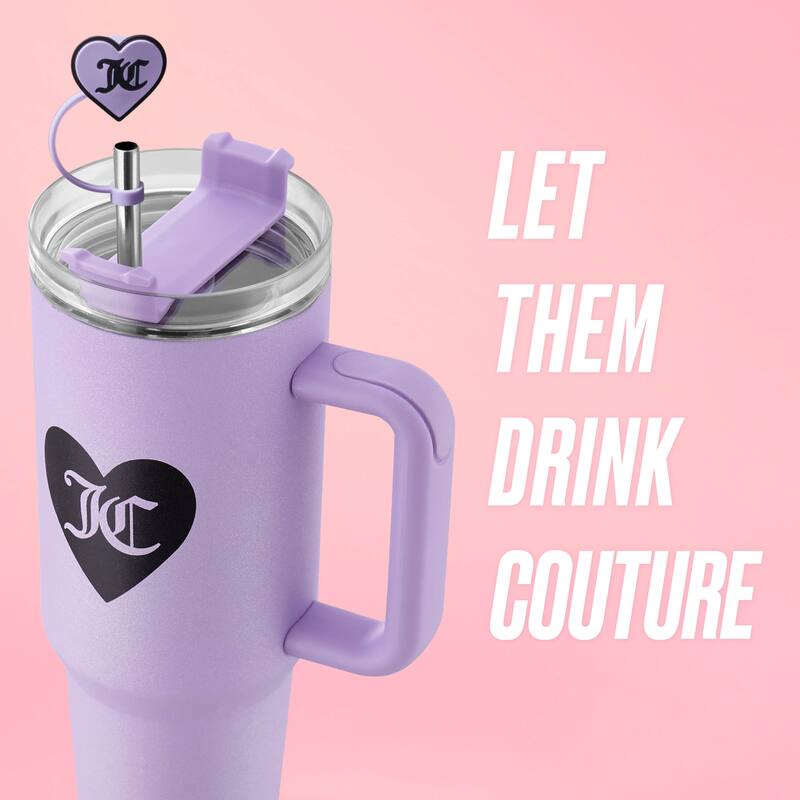 Juicy Couture Jetsetter Hydration Stainless Steel Tumbler with Handle and Straw With Topper