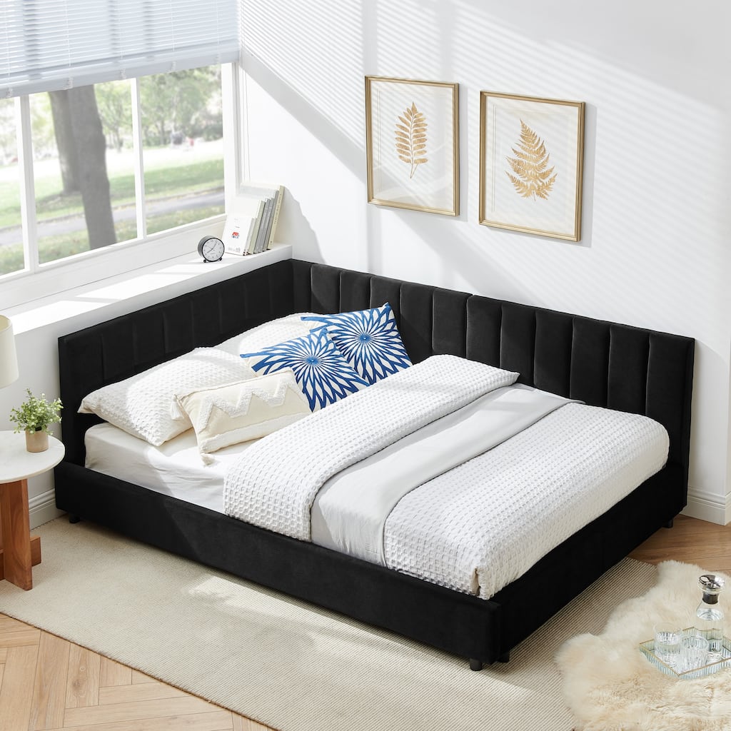 Full Platform Bed with Mid-Century Style, Wooden Frame & Sofa Function