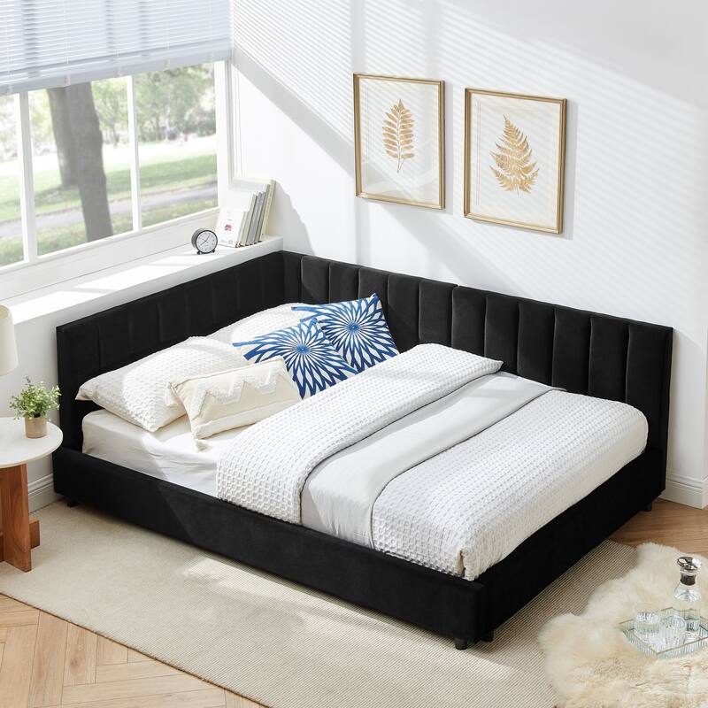 Tufted Upholstered Sofa Bed Frame with L Shaped Backrest and Armrests, Full Size Velvet Fabric Daybed, Wood Slats Support
